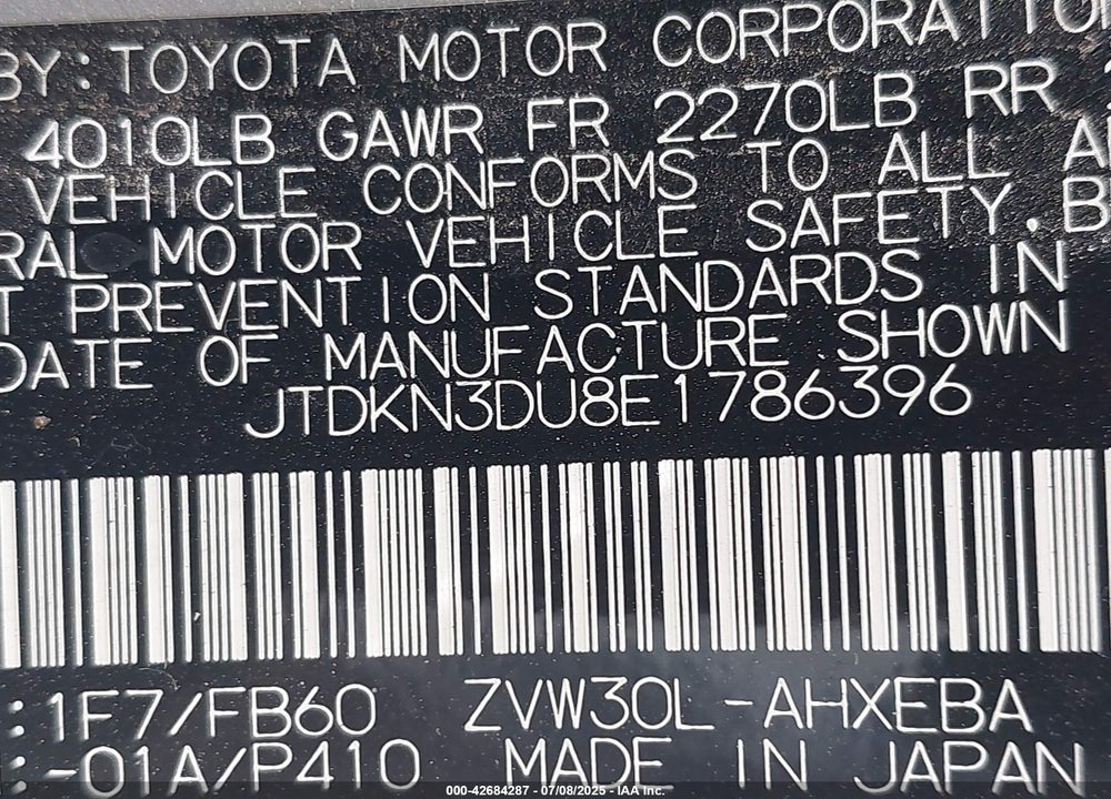 2014 TOYOTA PRIUS VIN: JTDKN3DU8E1786396