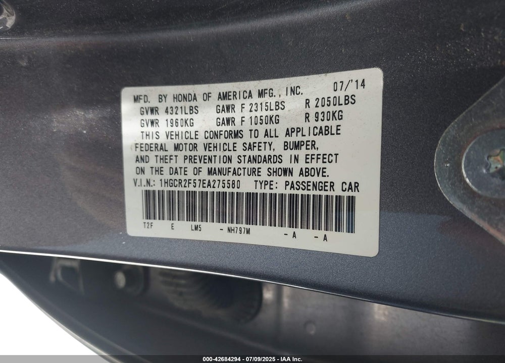 2014 HONDA ACCORD VIN: 1HGCR2F57EA275580