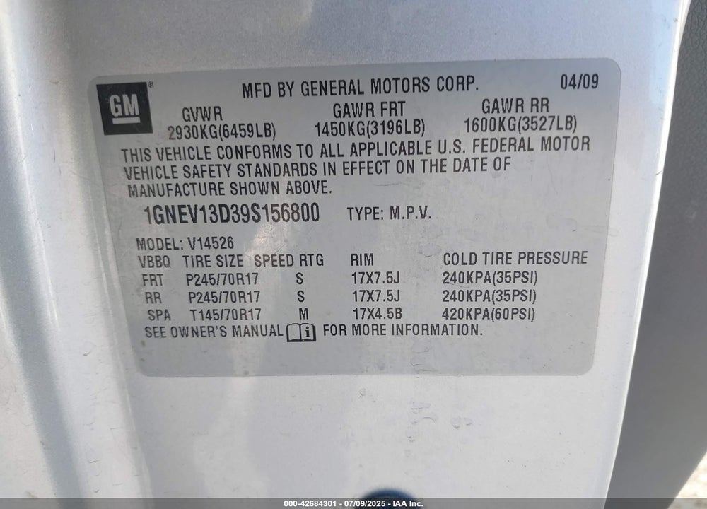 2009 CHEVROLET TRAVERSE VIN: 1GNEV13D39S156800
