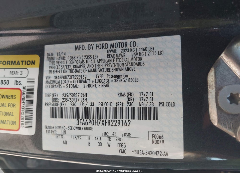 2015 FORD FUSION SE VIN: 3FA6P0H7XFR229162