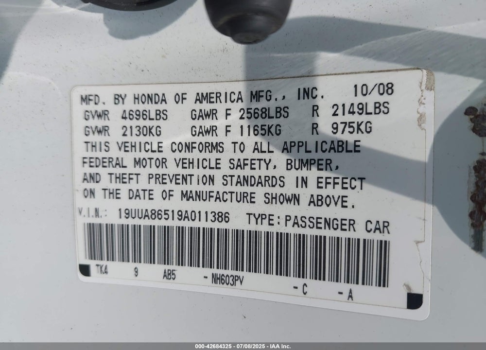 2009 ACURA TL VIN: 19UUA86519A011386
