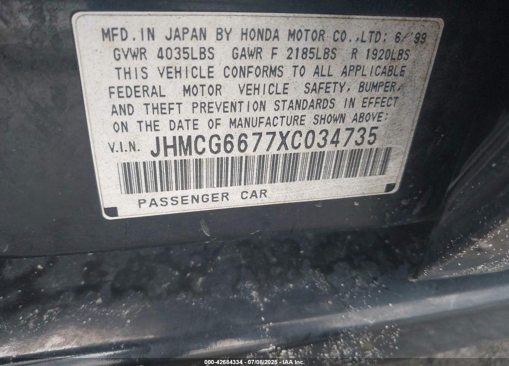 1999 HONDA ACCORD EX VIN: JHMCG6677XC034735