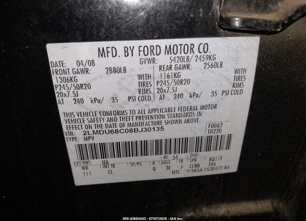 2008 LINCOLN MKX VIN: 2LMDU68C08BJ30135