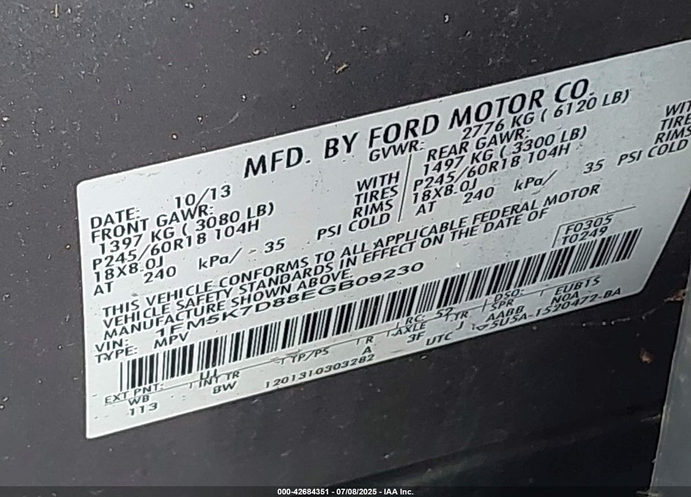 2014 FORD EXPLORER VIN: 1FM5K7D88EGB09230