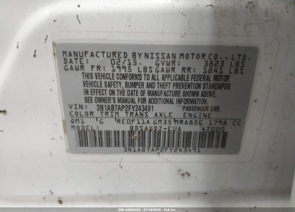 2015 NISSAN SENTRA VIN: 3N1AB7AP2FY243491