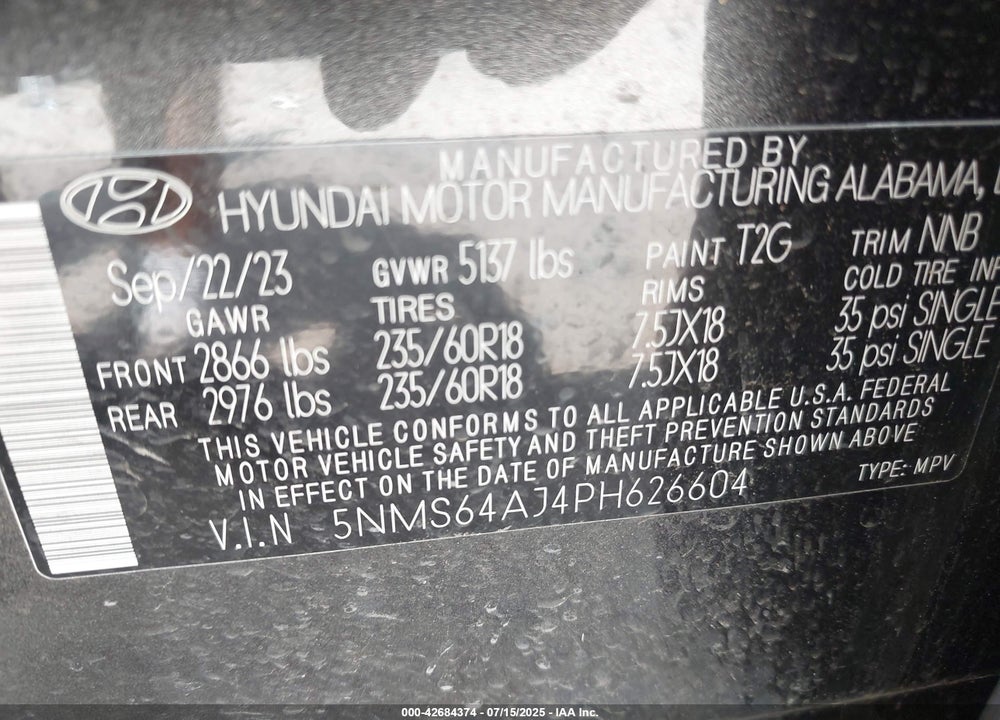 2023 HYUNDAI SANTA FE VIN: 5NMS64AJ4PH626604