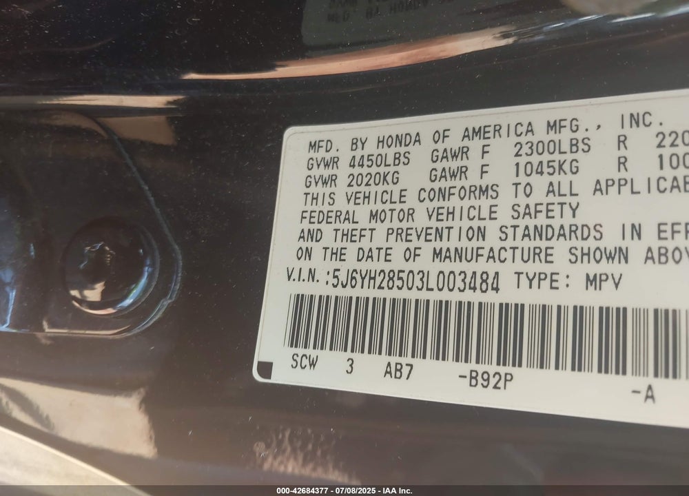 2003 HONDA ELEMENT EX VIN: 5J6YH28503L003484