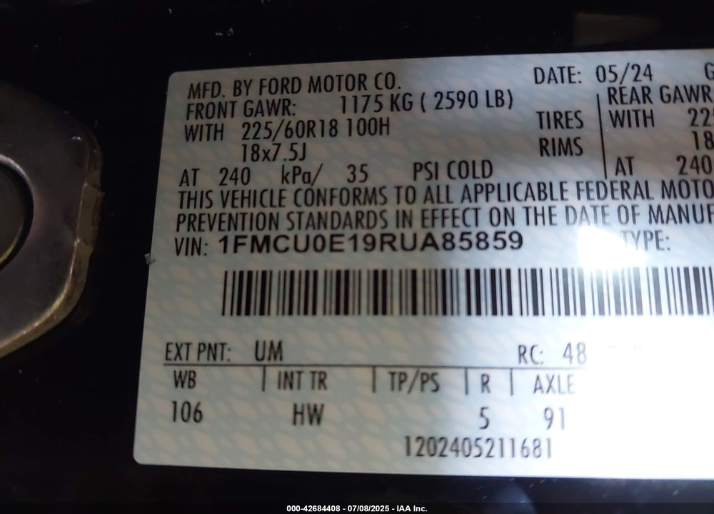 2024 FORD ESCAPE VIN: 1FMCU0E19RUA85859