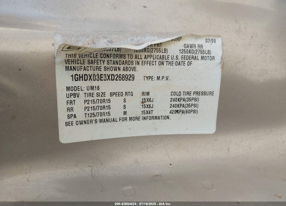 1999 OLDSMOBILE SILHOUETTE PREMIERE EDITION VIN: 1GHDX03E3XD268929
