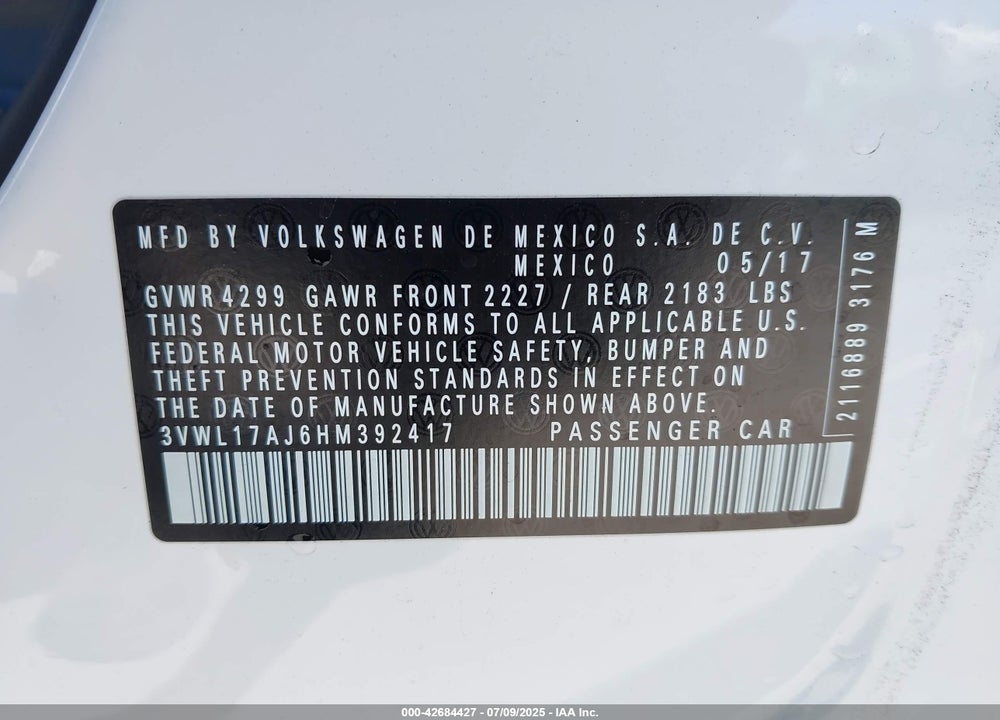 2017 VOLKSWAGEN JETTA 1.8T SEL/1.8T SEL PREMIUM VIN: 3VWL17AJ6HM392417