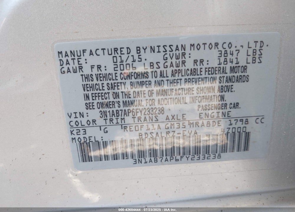 2015 NISSAN SENTRA VIN: 3N1AB7AP6FY233238