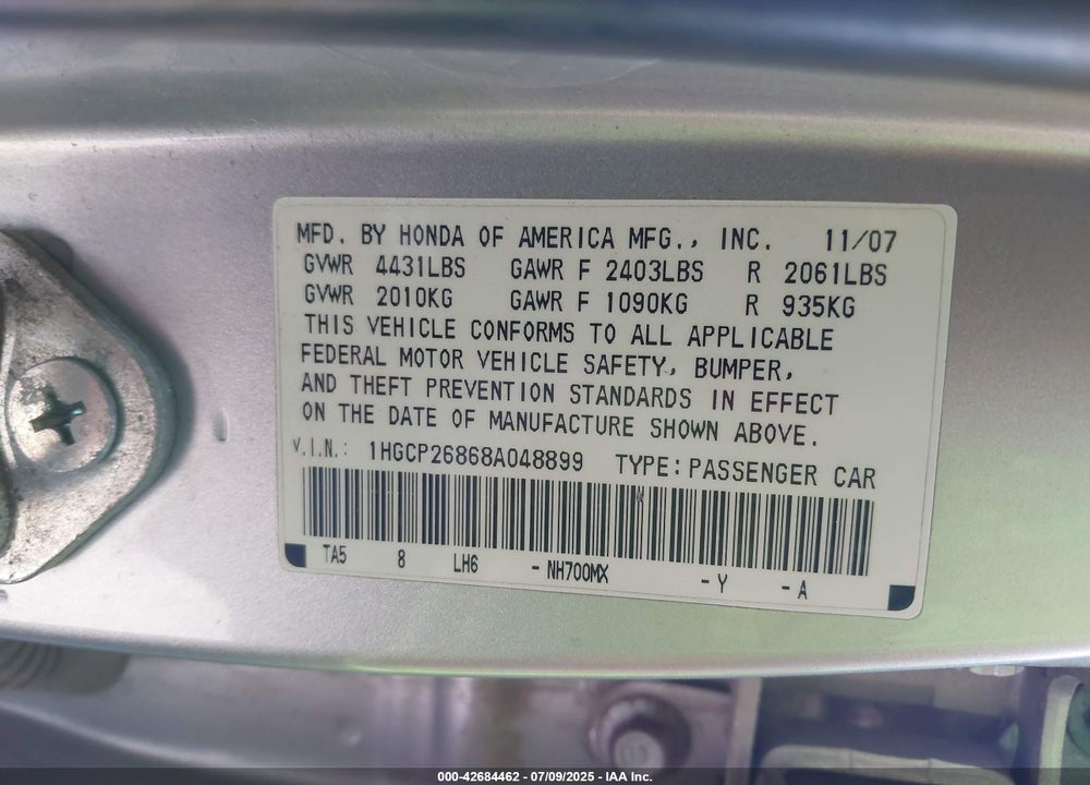 2008 HONDA ACCORD VIN: 1HGCP26868A048899