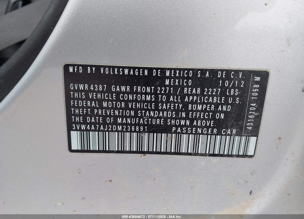 2013 VOLKSWAGEN JETTA VIN: 3VW4A7AJ2DM236891