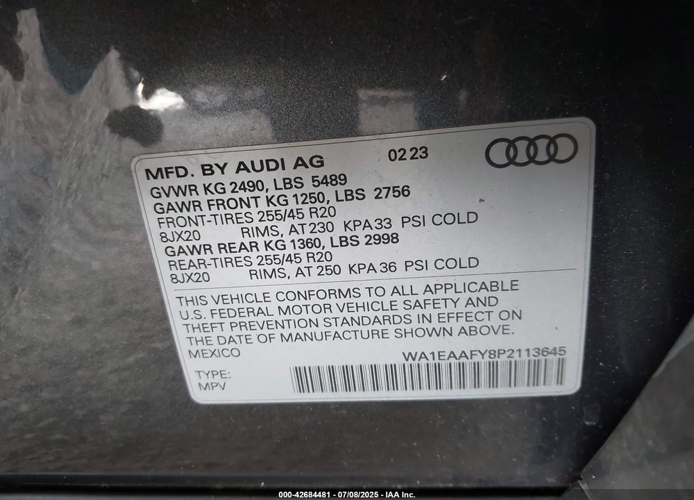 2023 AUDI Q5 VIN: WA1EAAFY8P2113645