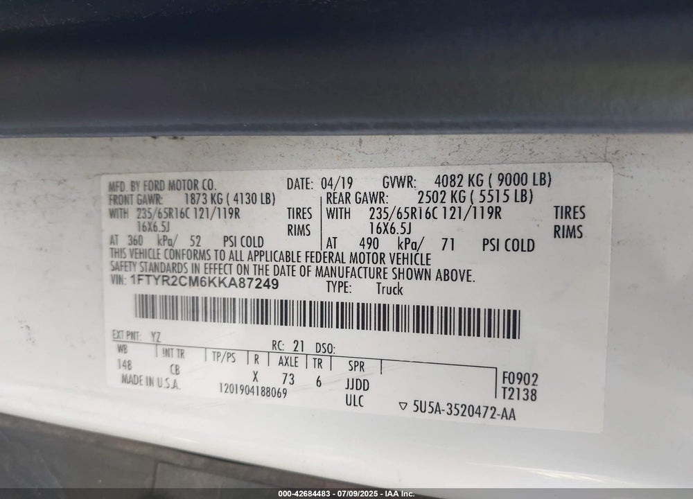 2019 FORD TRANSIT-250 VIN: 1FTYR2CM6KKA87249