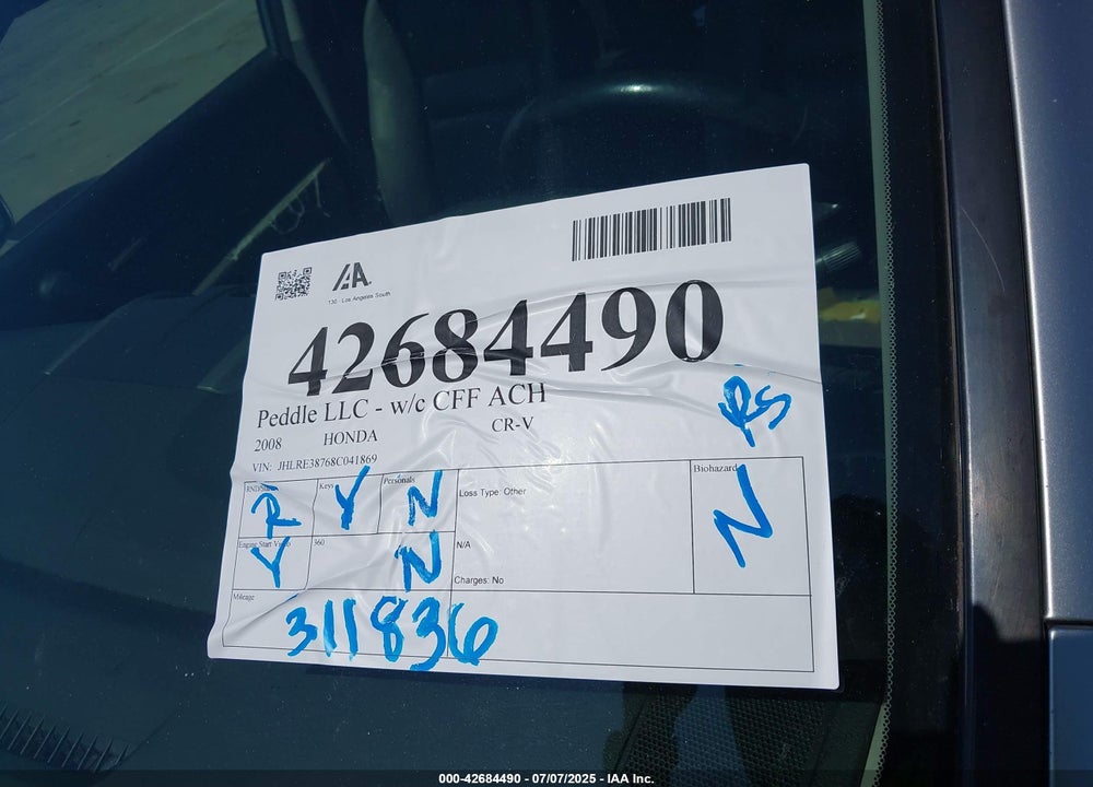 2008 HONDA CR-V VIN: JHLRE38768C041869
