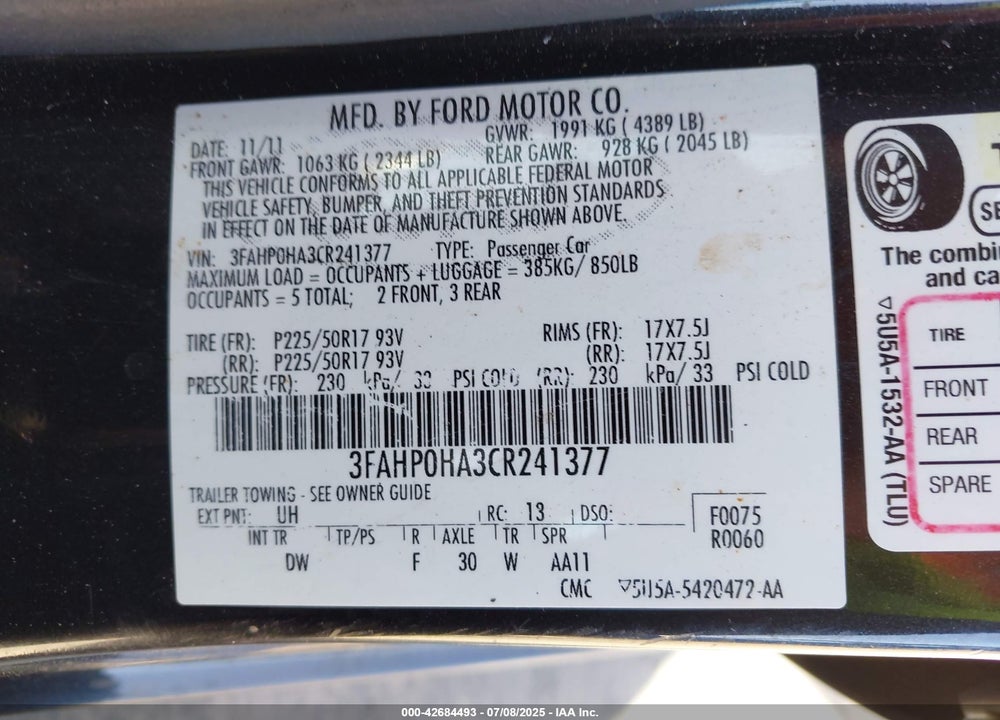 2012 FORD FUSION VIN: 3FAHP0HA3CR241377