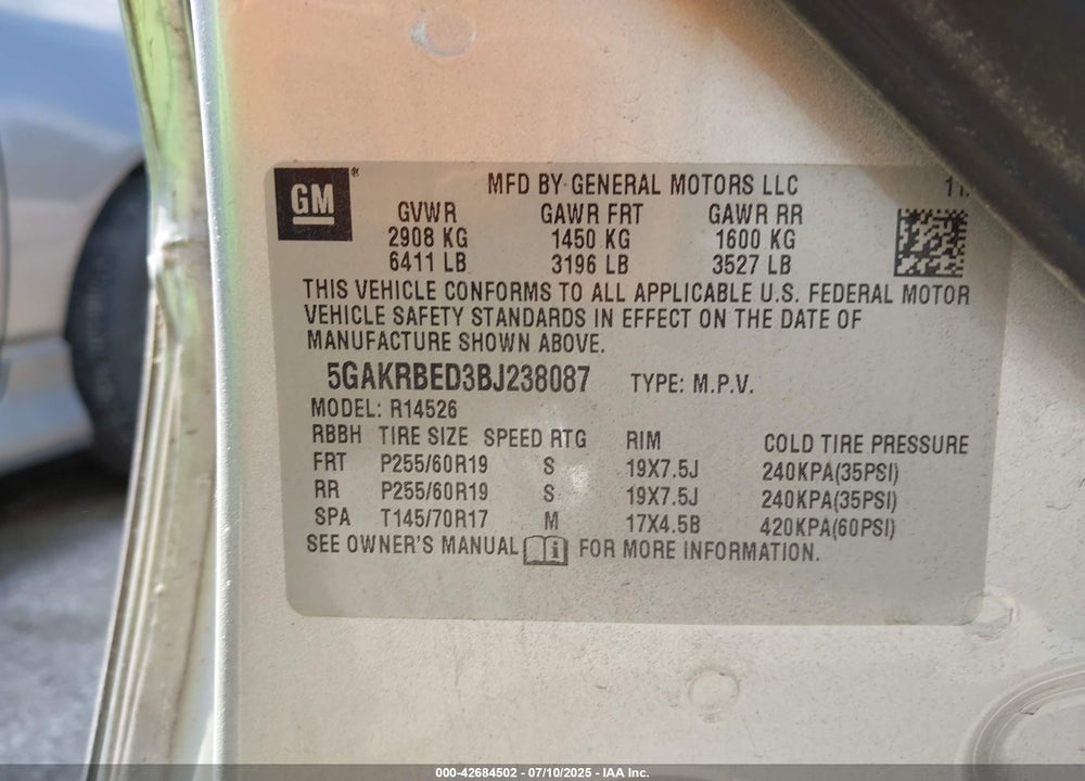 2011 BUICK ENCLAVE VIN: 5GAKRBED3BJ238087