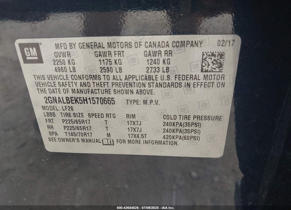2017 CHEVROLET EQUINOX LS VIN: 2GNALBEK5H1570665