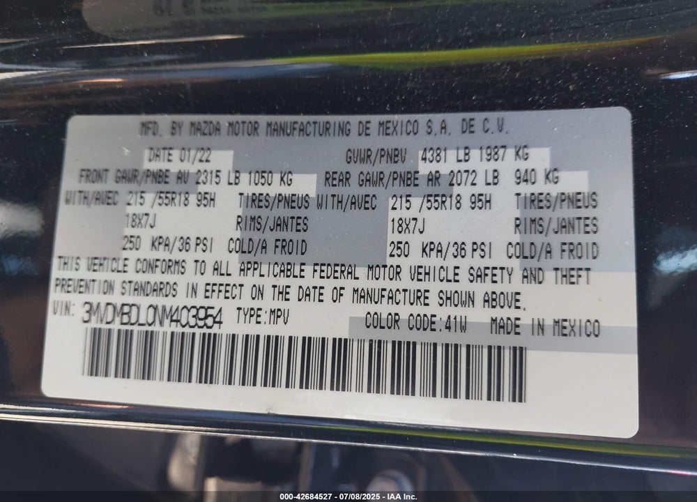 2022 MAZDA CX-30 VIN: 3MVDMBDL0NM403954