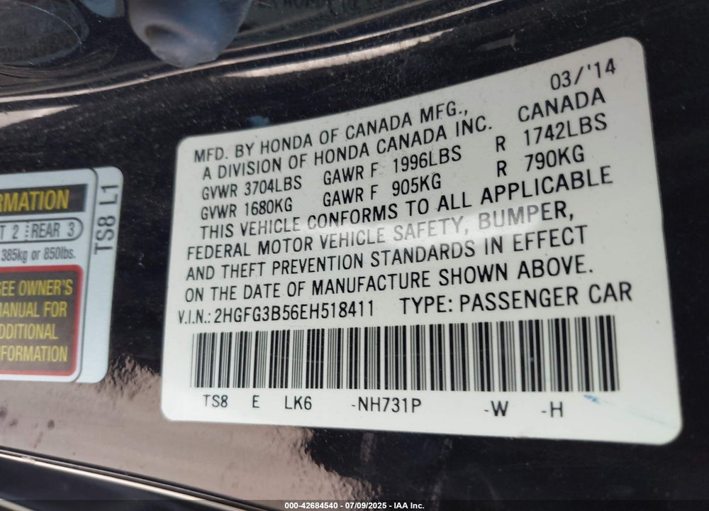 2014 HONDA CIVIC VIN: 2HGFG3B56EH518411