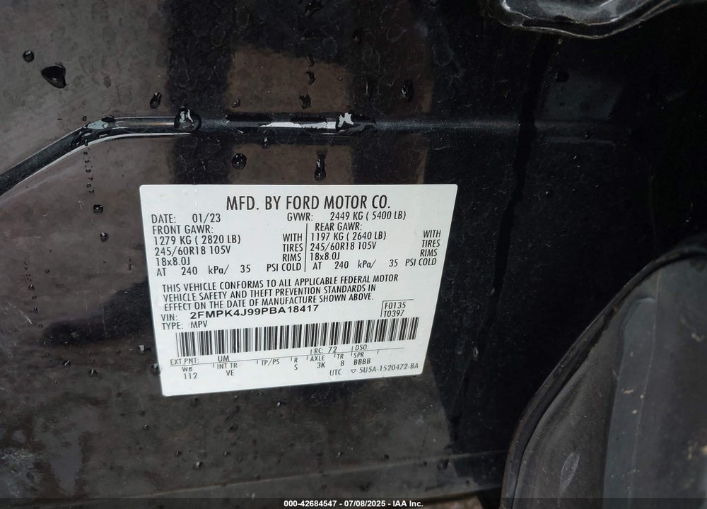 2023 FORD EDGE VIN: 2FMPK4J99PBA18417