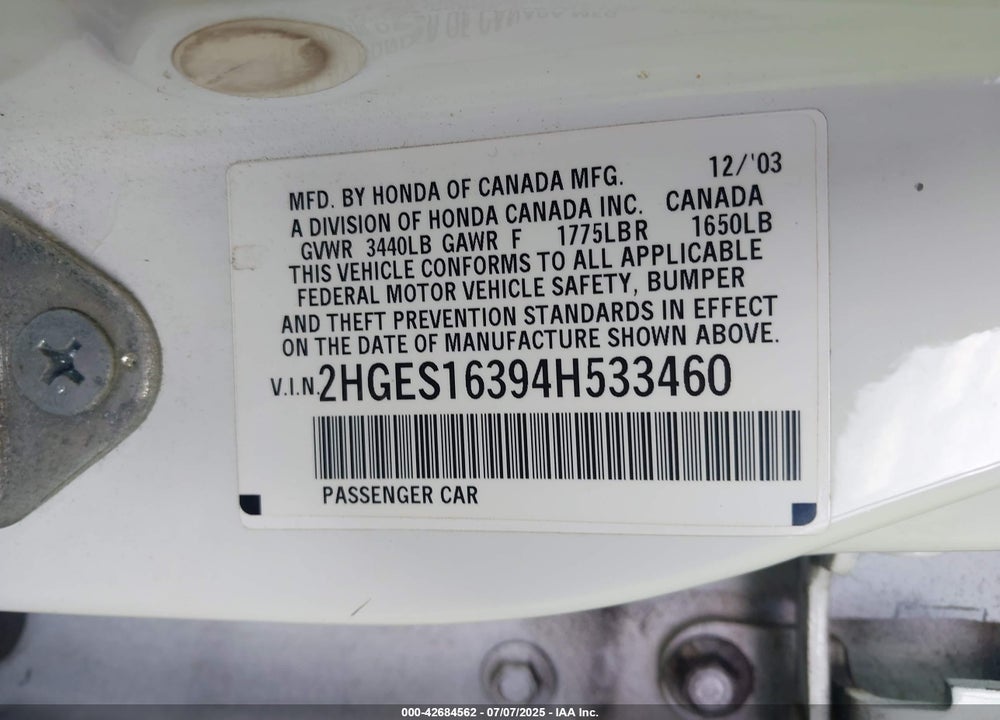 2004 HONDA CIVIC VP VIN: 2HGES16394H533460