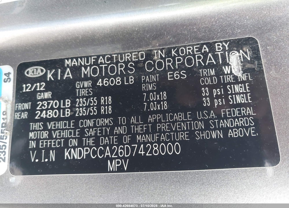 2013 KIA SPORTAGE VIN: KNDPCCA26D7428000