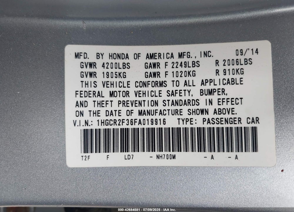 2015 HONDA ACCORD LX VIN: 1HGCR2F36FA019916