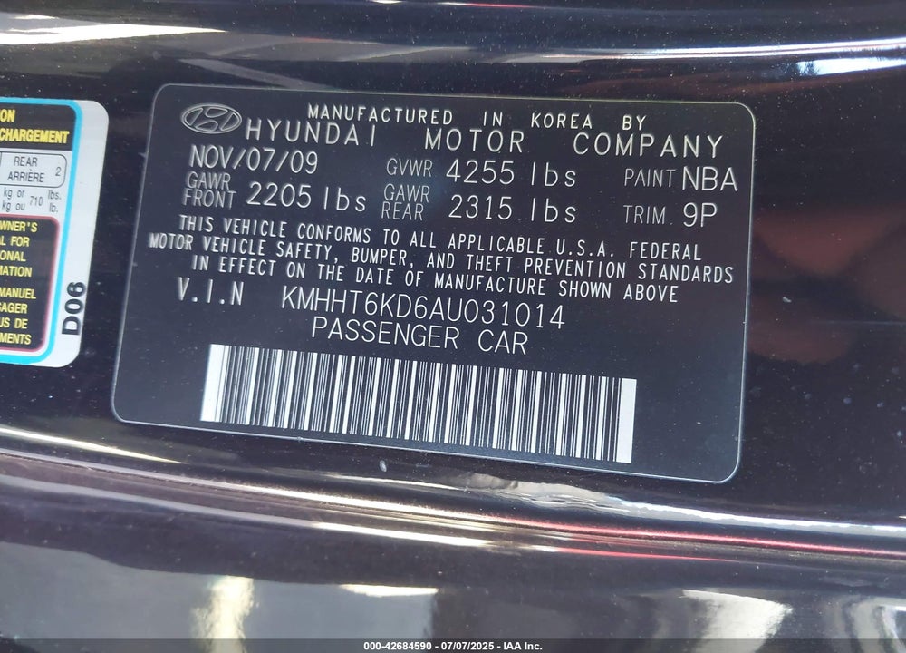 2010 HYUNDAI GENESIS VIN: KMHHT6KD6AU031014
