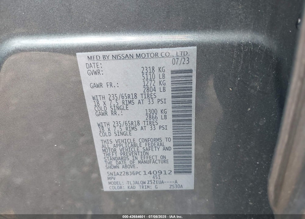 2023 NISSAN MURANO VIN: 5N1AZ2BJ6PC140912