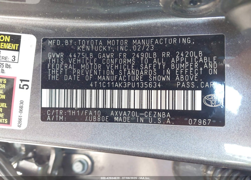 2023 TOYOTA CAMRY VIN: 4T1C11AK3PU135634