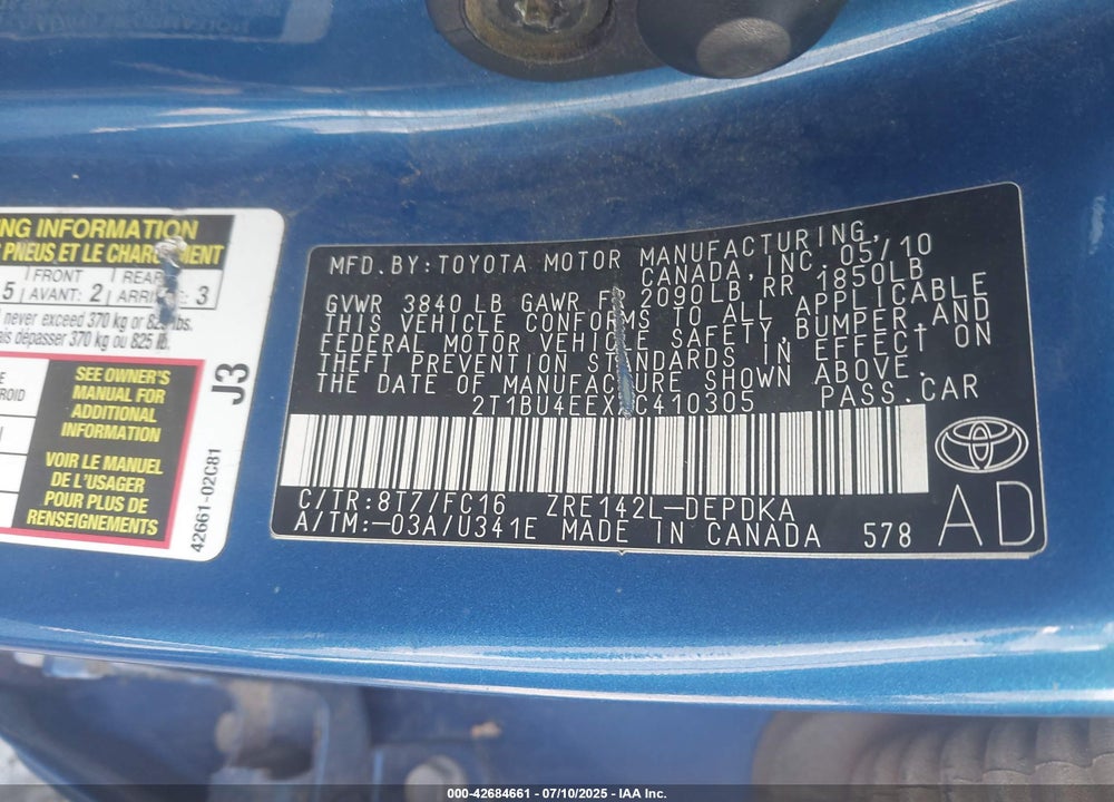 2010 TOYOTA COROLLA LE VIN: 2T1BU4EEXAC410305