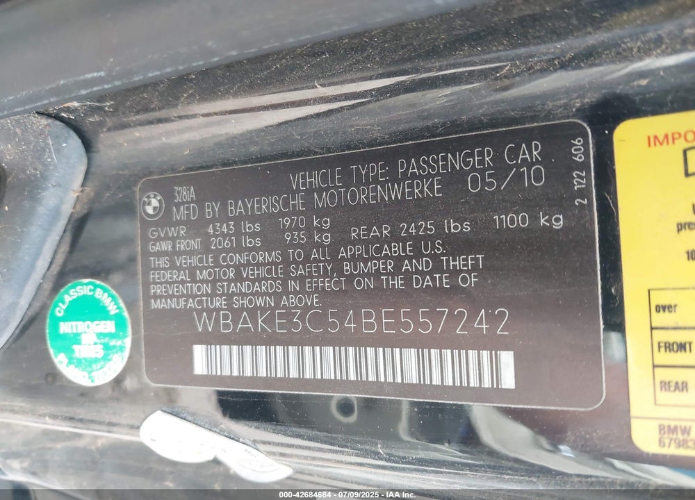 2011 BMW 328I VIN: WBAKE3C54BE557242