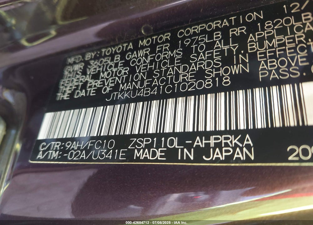 2012 SCION XD VIN: JTKKU4B41C1020818