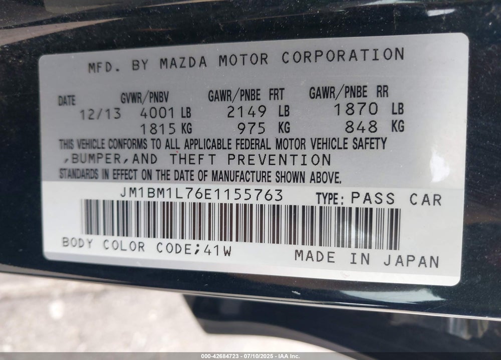 2014 MAZDA 3 VIN: JM1BM1L76E1155763