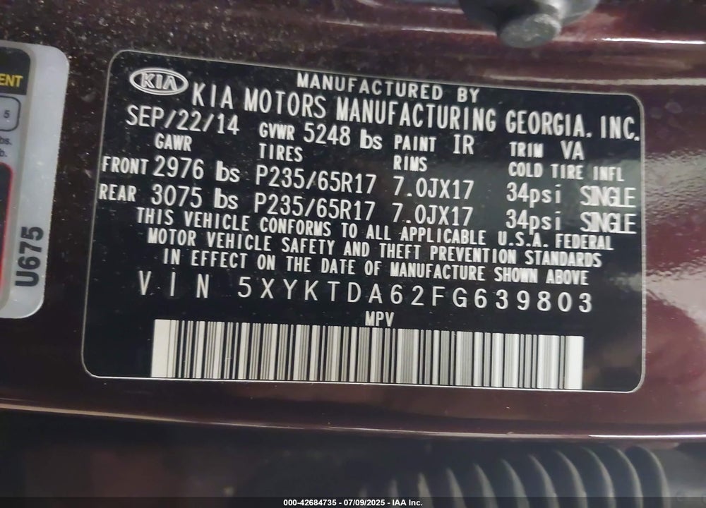 2015 KIA SORENTO VIN: 5XYKTDA62FG639803