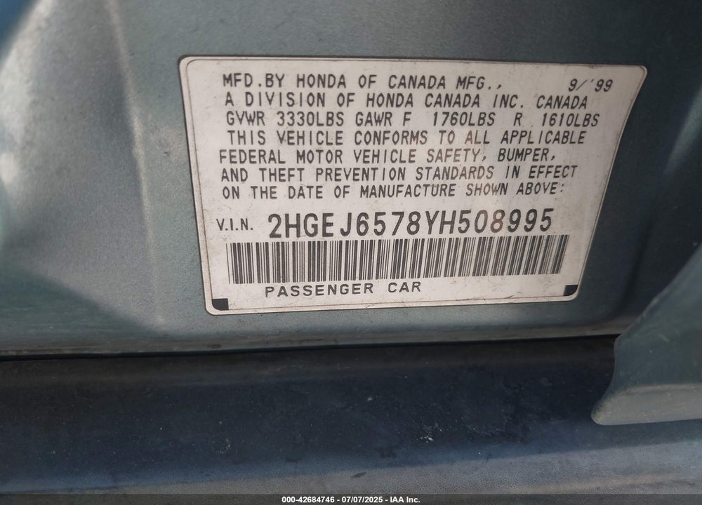 2000 HONDA CIVIC LX VIN: 2HGEJ6578YH508995