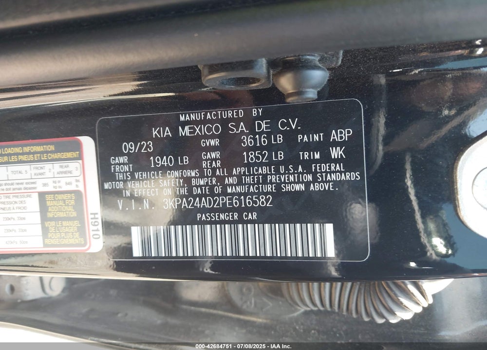 2023 KIA RIO VIN: 3KPA24AD2PE616582