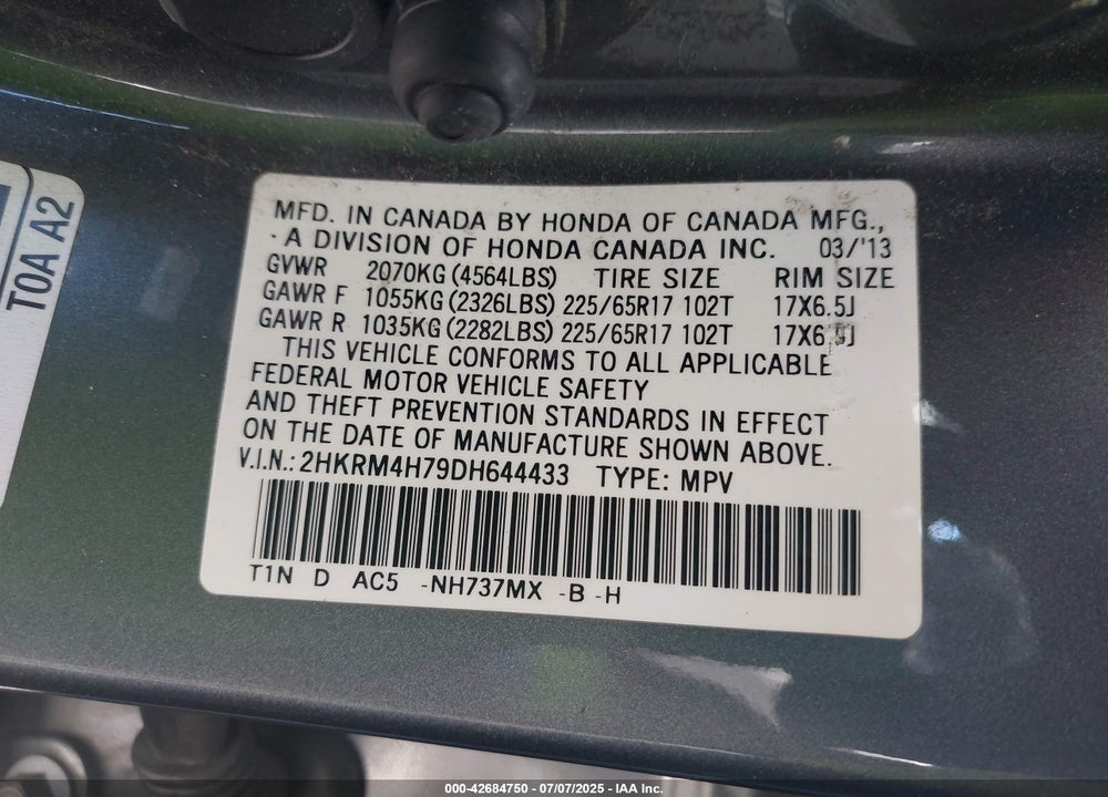 2013 HONDA CR-V VIN: 2HKRM4H79DH644433