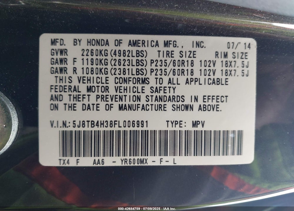 2015 ACURA RDX VIN: 5J8TB4H38FL006991