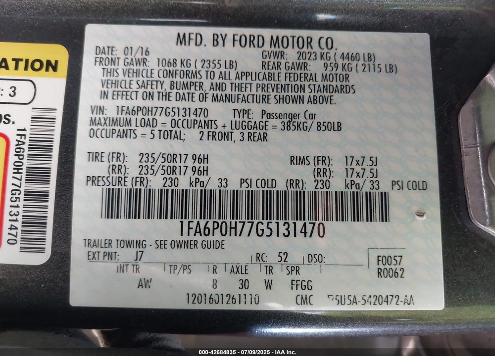 2016 FORD FUSION SE VIN: 1FA6P0H77G5131470