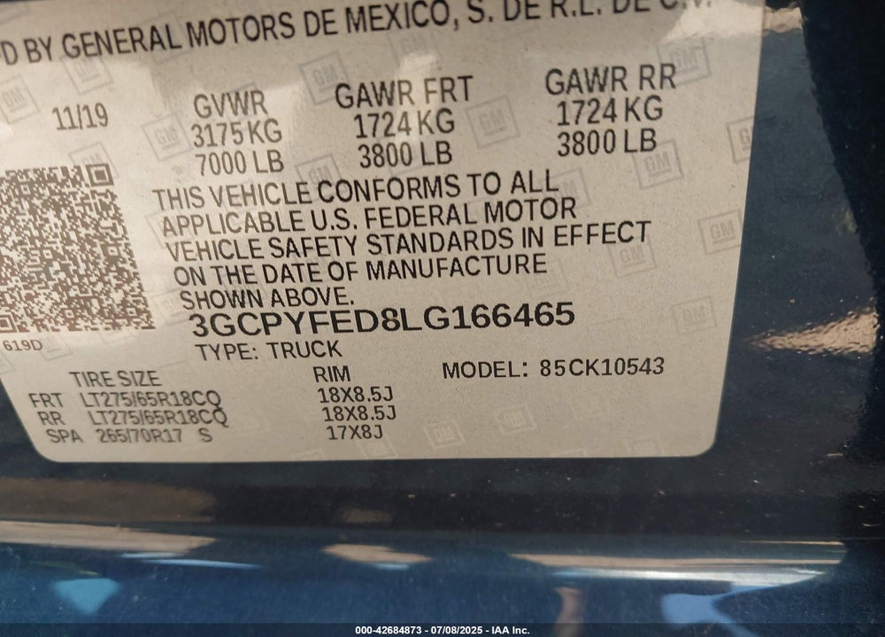 2020 CHEVROLET SILVERADO 1500 VIN: 3GCPYFED8LG166465