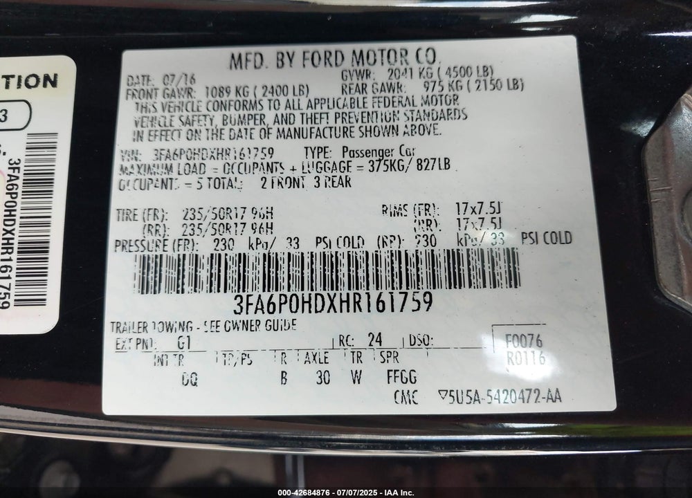 2017 FORD FUSION VIN: 3FA6P0HDXHR161759