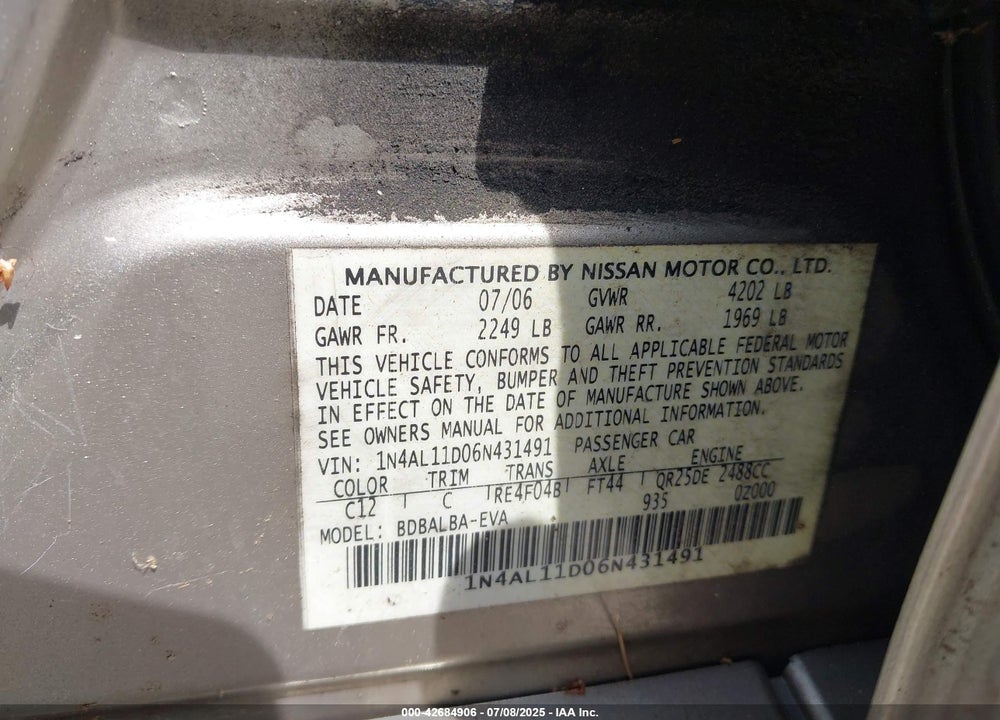 2006 NISSAN ALTIMA VIN: 1N4AL11D06N431491