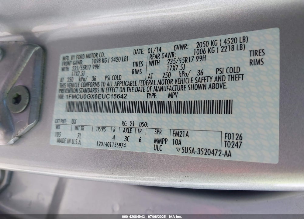 2014 FORD ESCAPE VIN: 1FMCU0GX6EUC15642
