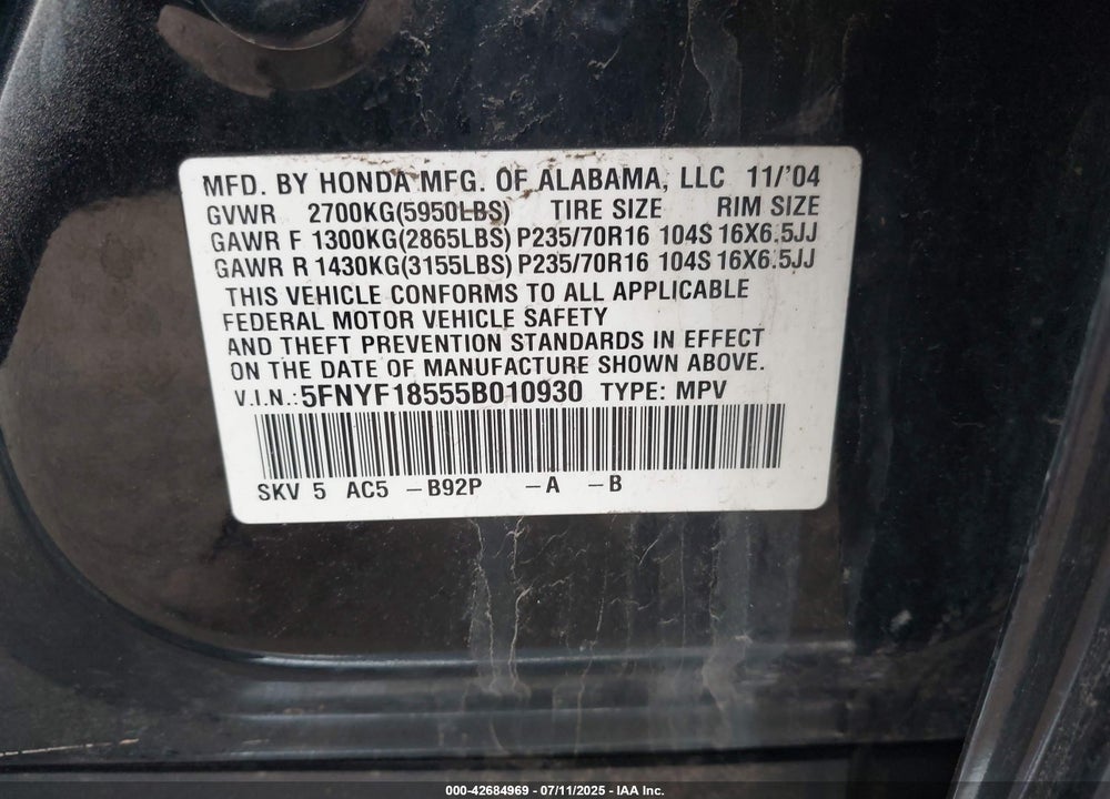 2005 HONDA PILOT EX-L VIN: 5FNYF18555B010930