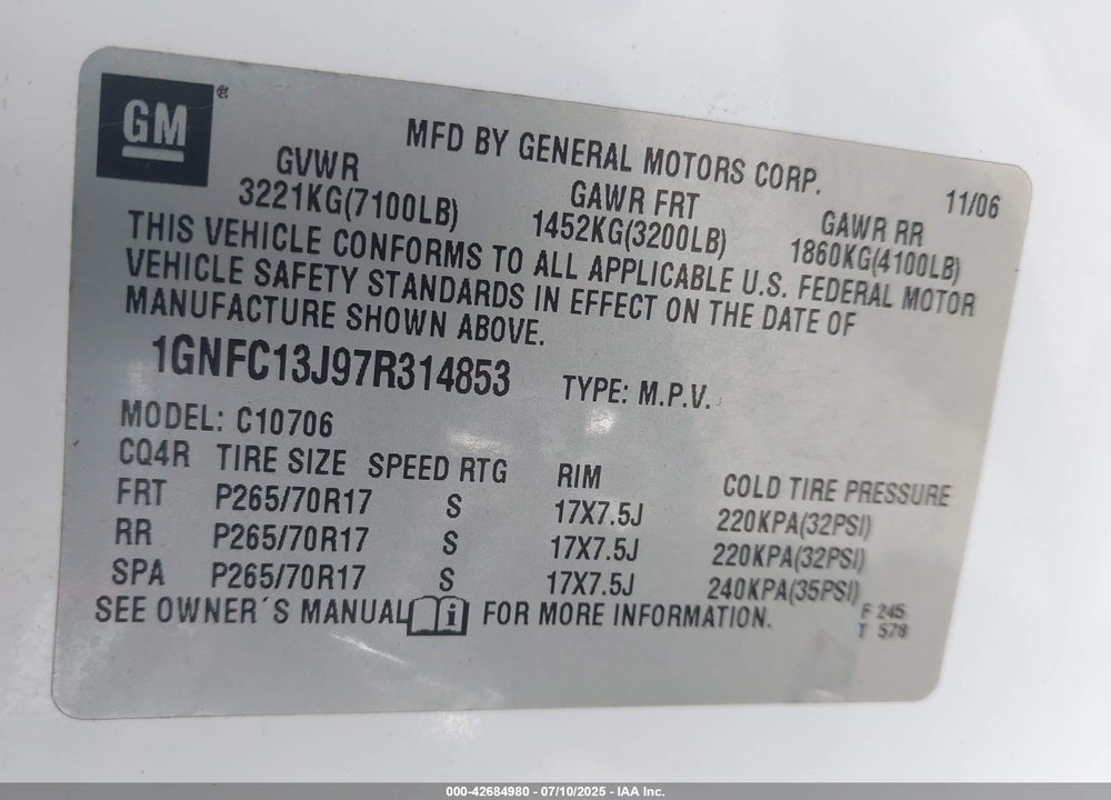 2007 CHEVROLET TAHOE LT VIN: 1GNFC13J97R314853