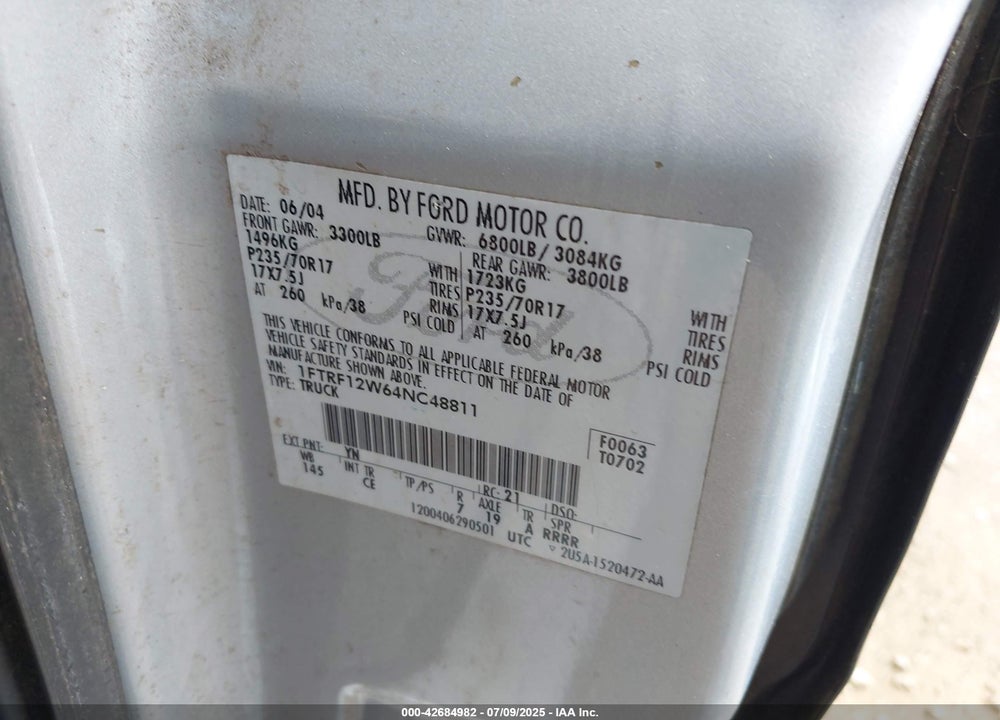 2004 FORD F-150 STX/XL/XLT VIN: 1FTRF12W64NC48811