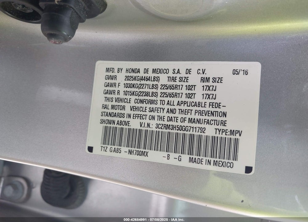 2016 HONDA CR-V VIN: 3CZRM3H50GG711792